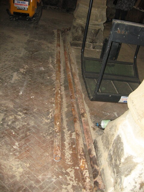 Three old heating pipes now in the nave