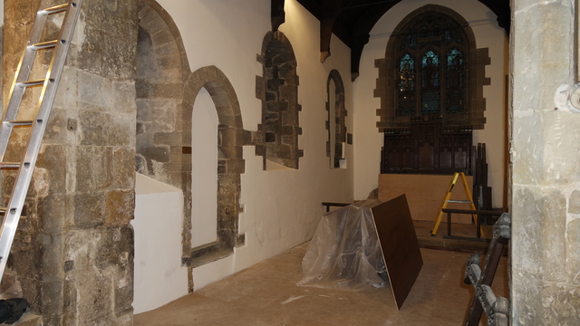 North East wall of the Chancel freshly painted